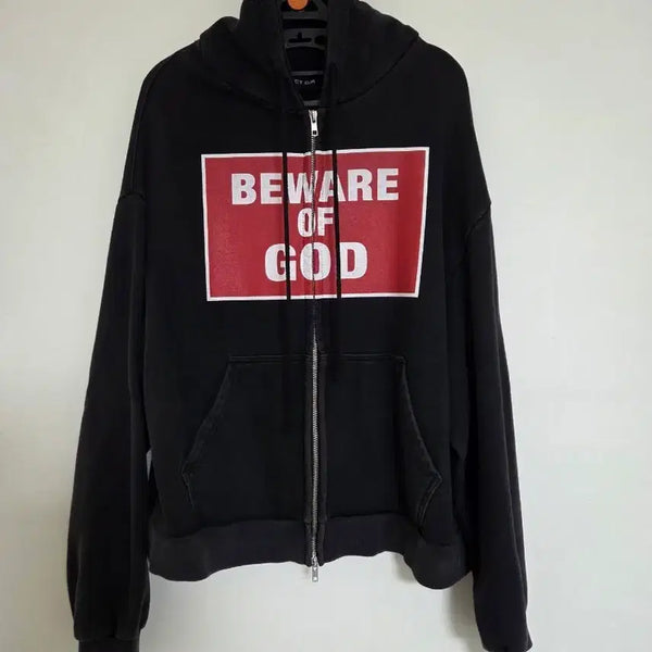 [BUNJANG] PROJECTgr BEWARE OF GOD Zip Hoodie Black / 프로젝트gr 비웨어 오브 갓 집 후드 블랙