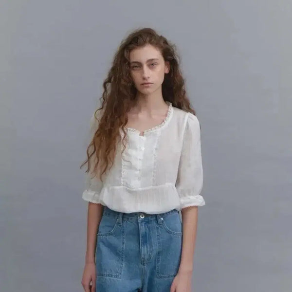 [BUNJANG] Forest Jardin Blouse U-neck 5-part Shirring Lace / forest 포레스트 쟈뎅 블라우스 유넥 5부 셔링 레이스
