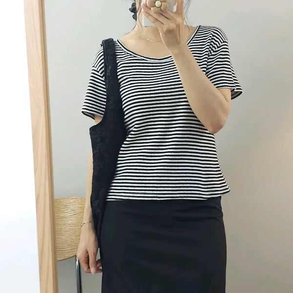 [BUNJANG] (F)COBALT BLUE Women's Striped Short-Sleeve T-Shirt / (F)COBALT BLUE 여성 반팔 티셔츠 스트라이프 J16W4298