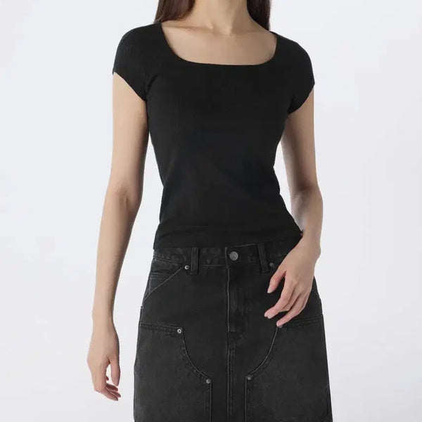 [BUNJANG] Musinsa Standard Women's Pointelle Square Neck Cap Sleeve T-shirt [Black] / 무신사 스탠다드 우먼즈 포인텔 스퀘어 넥 캡 슬리브 티셔츠 [블랙]