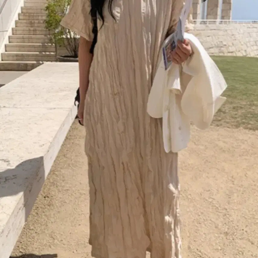 [BUNJANG] Pleated Long Dress Beige / 주름 롱 원피스 베이지