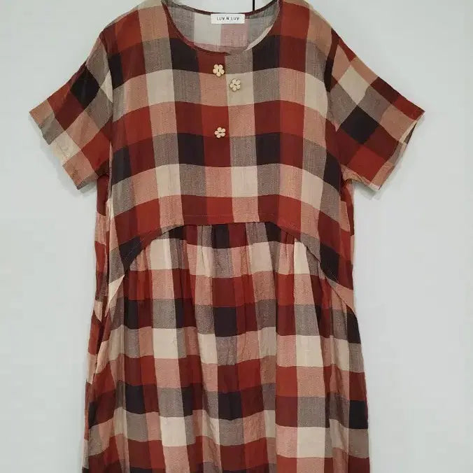 [BUNJANG] Brown Check Linen Blend Short Sleeve Dress / 거의새옷 브라운 사각 체크 린넨혼방 주머니0 반팔 원피스