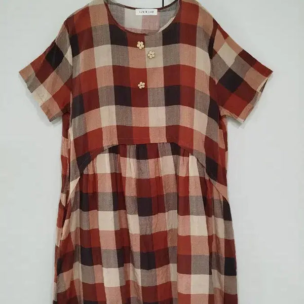 [BUNJANG] Brown Check Linen Blend Short Sleeve Dress / 거의새옷 브라운 사각 체크 린넨혼방 주머니0 반팔 원피스
