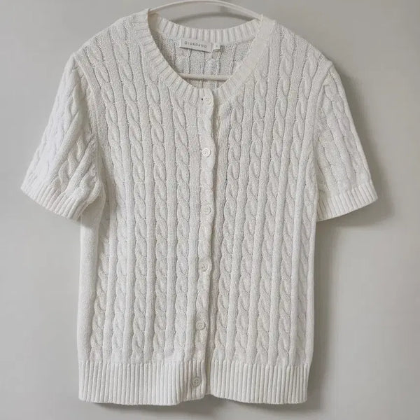 [BUNJANG] Giordano Cable Knit Short Sleeve Cardigan White / 지오다노 케이블 니트 반팔 가디건 화이트