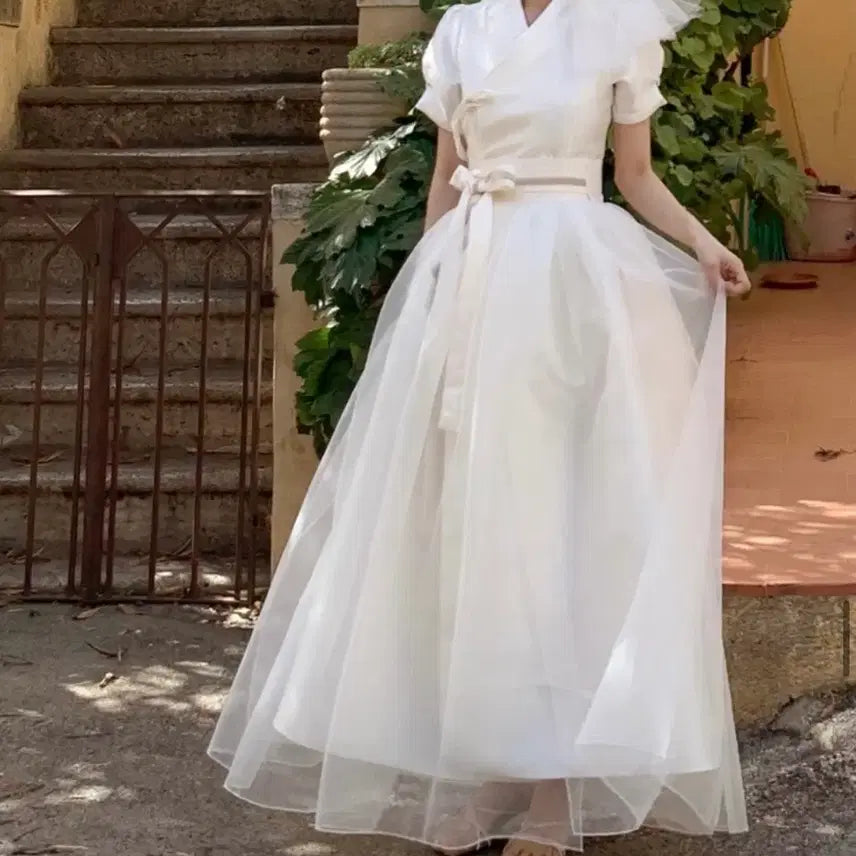 [BUNJANG] White Lace Dress Set with Overlay Skirt / 백색지 케이드레스 순수 레이스덧날개치마 세트