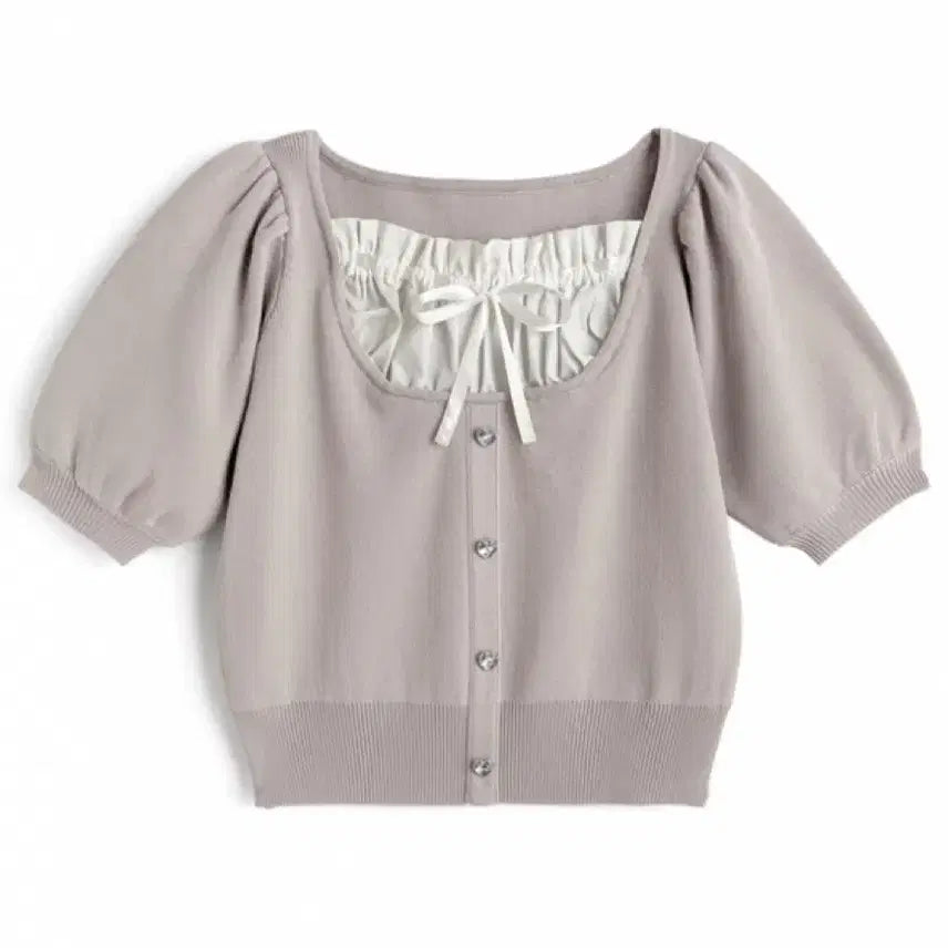 [BUNJANG] Heart Button Layered Style Ribbon Knit Top / 하트 버튼 레이어드 스타일 리본 니트 탑