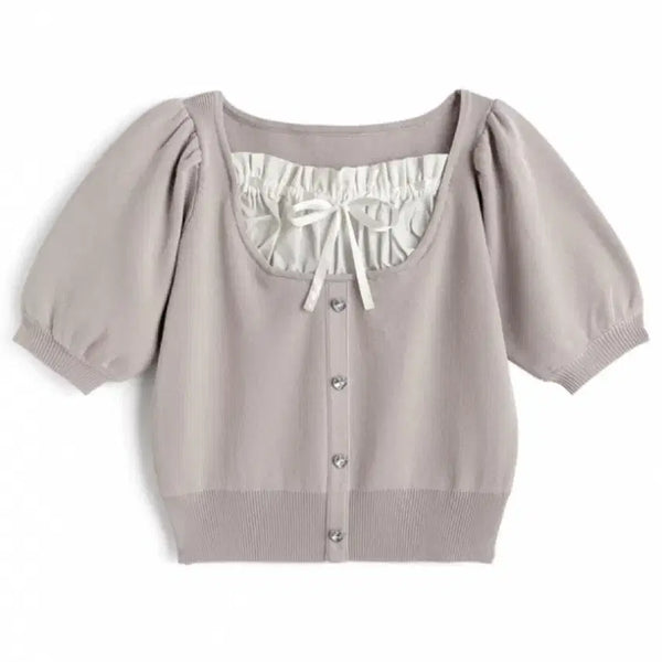 [BUNJANG] Heart Button Layered Style Ribbon Knit Top / 하트 버튼 레이어드 스타일 리본 니트 탑