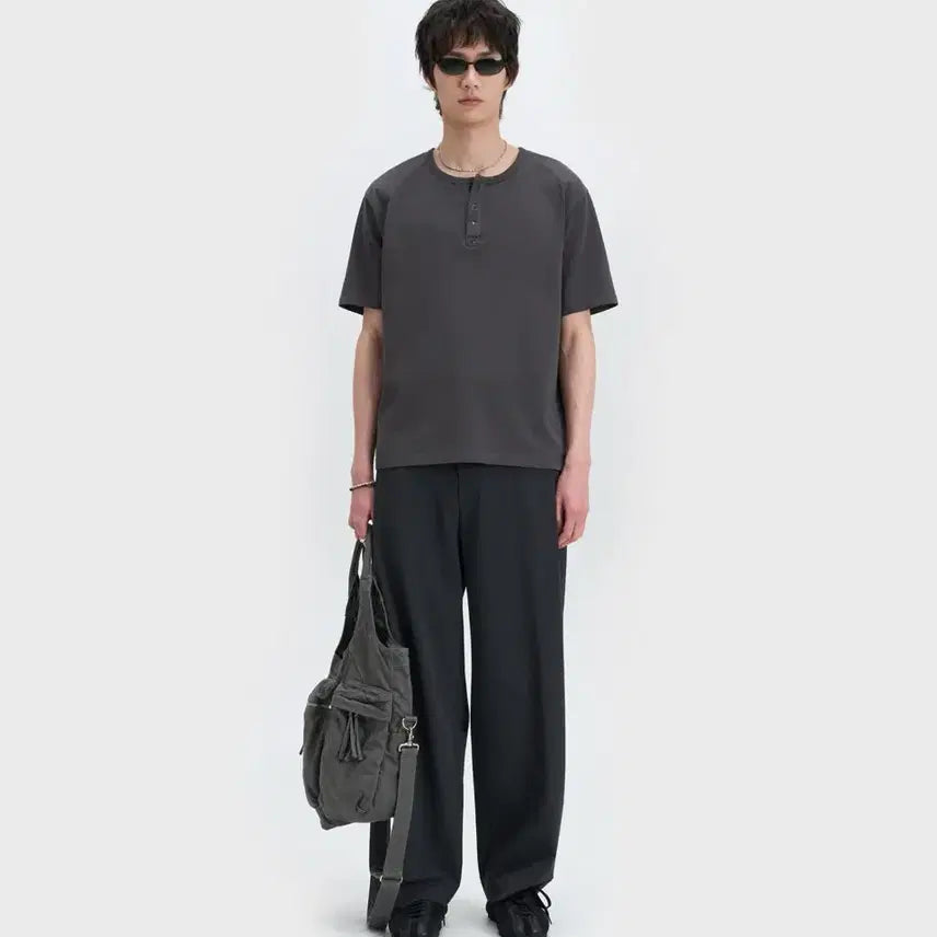 [BUNJANG] Bellier Henry Neck T-Shirt Washed Charcoal / 벨리에 배리언트 헨리넥 티셔츠 - 워시드 차콜