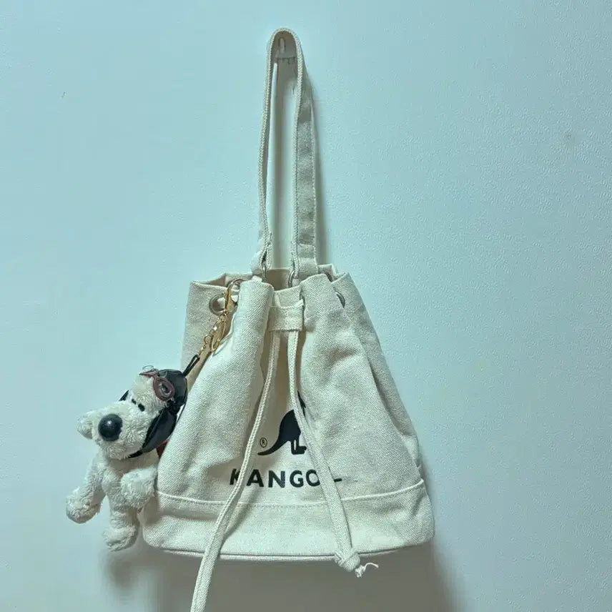 [BUNJANG] Kangol Bucket Canvas Tote Bag with Dog Charm / 캉골 복조리 켄버스 토트백 +강아지 키링