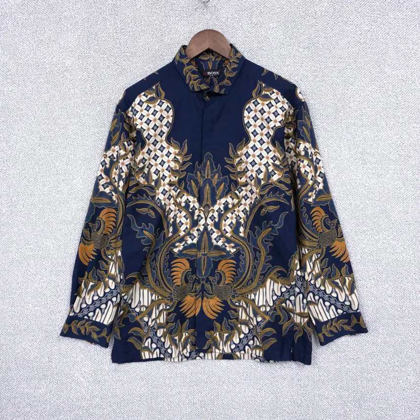 [BUNJANG] BOSS Desperado Luxury Peacock Pattern Cotton Long Sleeve Shirt (Size 100) / BOSS 남성 데스페라도 럭셔리 공작 패턴 코튼 긴팔 셔츠 100