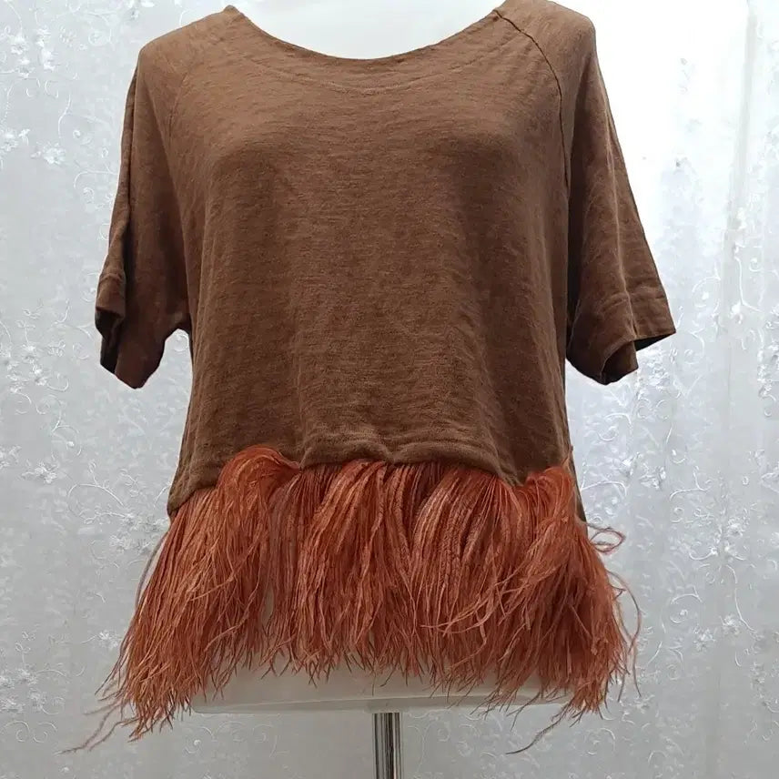 [BUNJANG] John White Brown Cotton T-Shirt with Fur Detail (Free Size) / JOHN WHITE  면 티셔츠 free