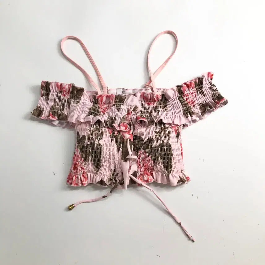 [BUNJANG] Women's Shirring Off-Shoulder Blouse Pink Floral Print / 여성 셔링 오프숄더 블라우스 핑크 꽃무늬