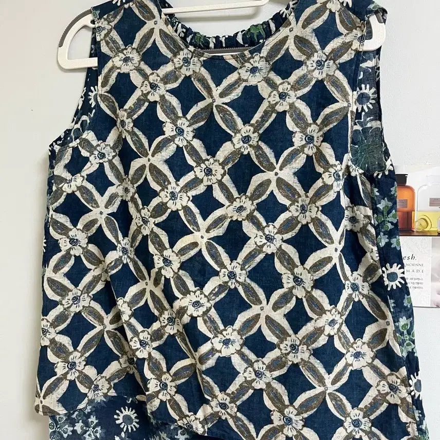 [BUNJANG] 45R (45rpm) Sleeveless Blouse - White/Patterned Cotton - Size 2 (55-66) / 일본브랜드 45rpm 나시브라우스