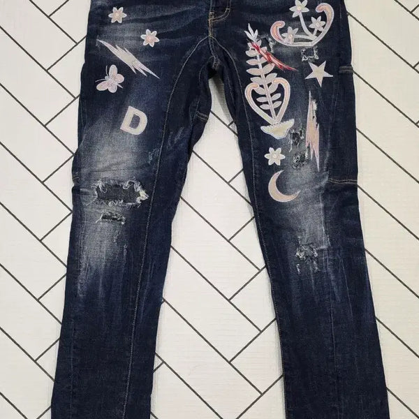 [BUNJANG] DSquared2 Distressed Embroidered Men's Jeans Size 35 / 디스퀘어드2 디스트로이드 자수 남성 청바지.싸이즈 35