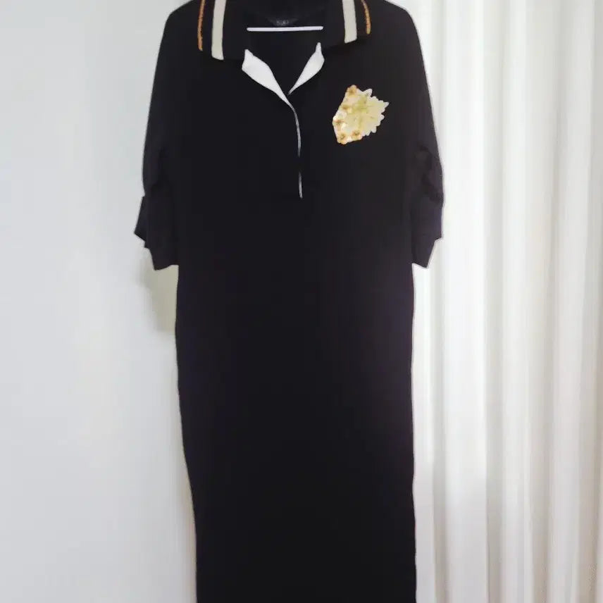 [BUNJANG] TIME by HANDSOME Black Beaded Embroidery Long Dress / 타임 드라이클리닝완료 포스트모던 배색 카라 비즈 자수 롱원피스  블랙