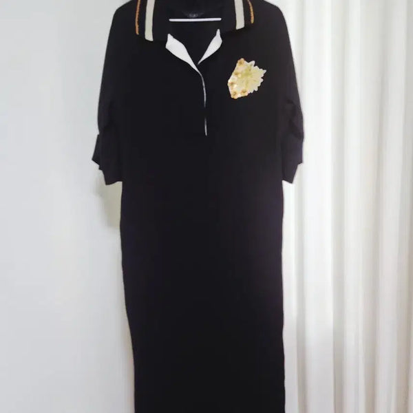 [BUNJANG] TIME by HANDSOME Black Beaded Embroidery Long Dress / 타임 드라이클리닝완료 포스트모던 배색 카라 비즈 자수 롱원피스  블랙