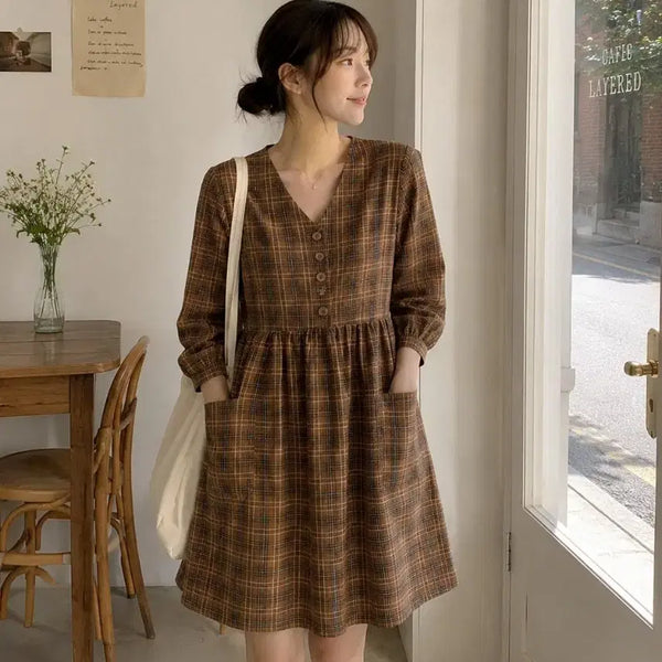 [BUNJANG] Brown Check V-Neck 7-Sleeve Midi Dress - Size S / 성수동카페감성 브라운 체크 브이넥 7부소매 미디 원피스 S 44