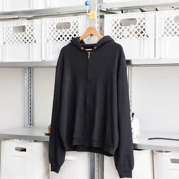 [BUNJANG] Everyone Waffle Zip-Up Hoodie Black / (1) 에브리원 와플후드집업 블랙 팝니다
