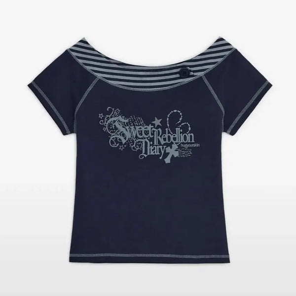 [BUNJANG] Hug Your Skin Sweet Stripe Boatneck Tee (Navy) / 허그유어스킨 스위트 스트라이프 보트넥 티 (네이비)
