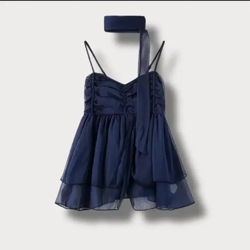 [BUNJANG] Chiffon Shirring Sleeveless Blouse with Scarf Set (Navy) / [머플러set]쉬폰 셔링 나시 블라우스(네이비)