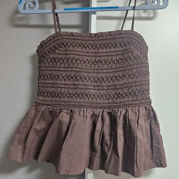 [BUNJANG] Dynamite Brown Crochet Peplum Top / 다이너마이트 브라운 크로셰 페플럼 탑
