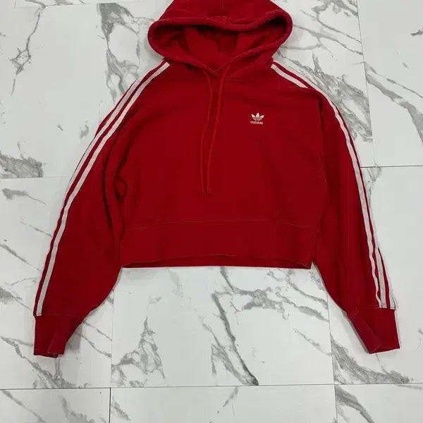 [BUNJANG] Adidas Red Cropped Hoodie / 아디다스 레드 크롭 후드티