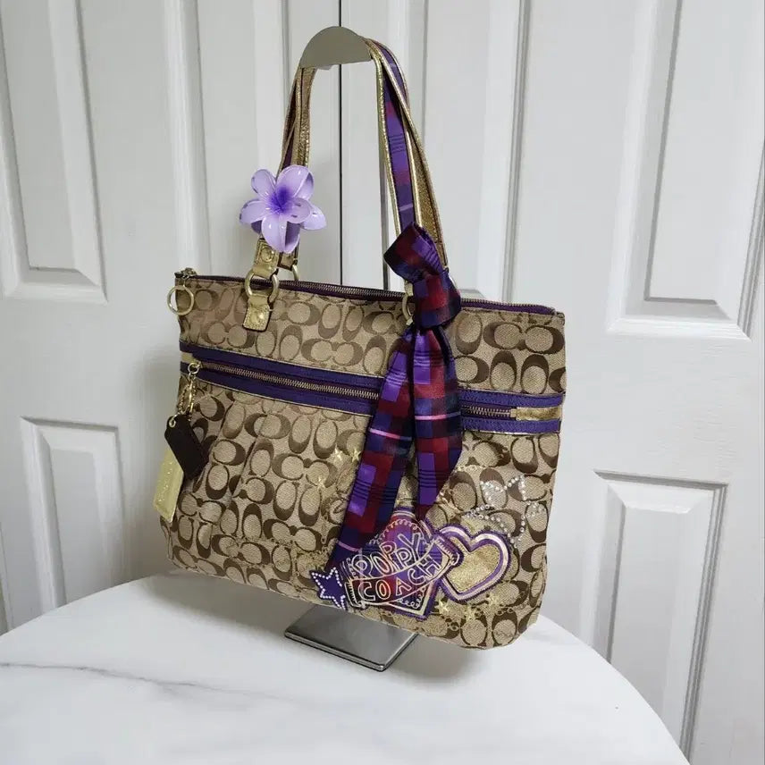[BUNJANG] Coach Poppy Tartan Plaid Appliqué Glam Tote Shoulder Bag (Limited Edition) / # 한정판) 코치 포피 타탄 플래이드 아플리케 글램 토트,숄더백