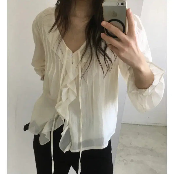 [BUNJANG] Mienne Bain Frill Blouse Cream Yellow / [미엔느] bain frill blouse / 바인 프릴 블라우스