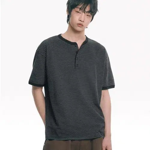 [BUNJANG] MOO Striped Half-Sleeve Henley T-Shirt / [M, 새상품] MOO 헨리넥 스트라이프 반팔티