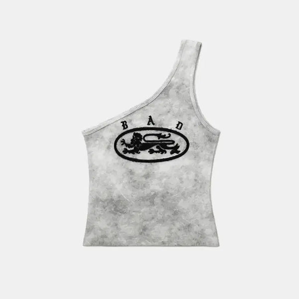 [BUNJANG] Badblood Lion Patch One Shoulder Tank - Washed White / 배드블러드 라이온 패치 원 숄더 탱크 - 워시드화이트 S
