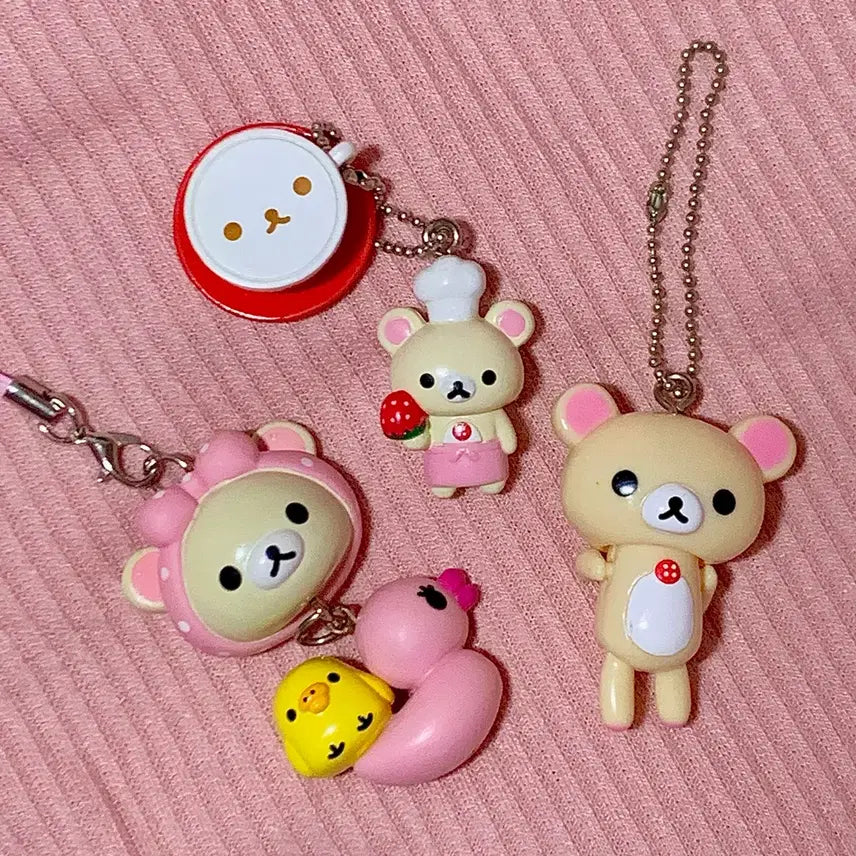 [BUNJANG] Rilakkuma Korilakkuma Strawberry Chef Onsen Charm Keychain 3-Set / 희귀 코리락쿠마 달랑이 딸기요리사 온천 키링 3set 판매