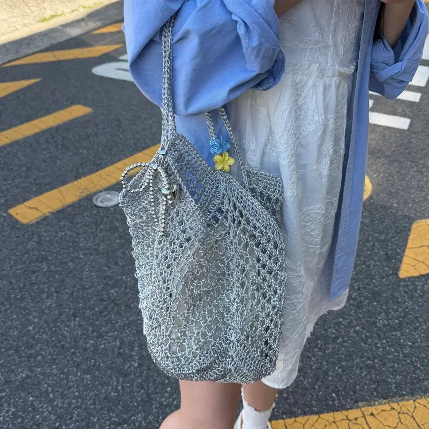 [BUNJANG] Sparkling Silver Knit Net Bag / 반짝이는 실버 뜨개네트백 가방