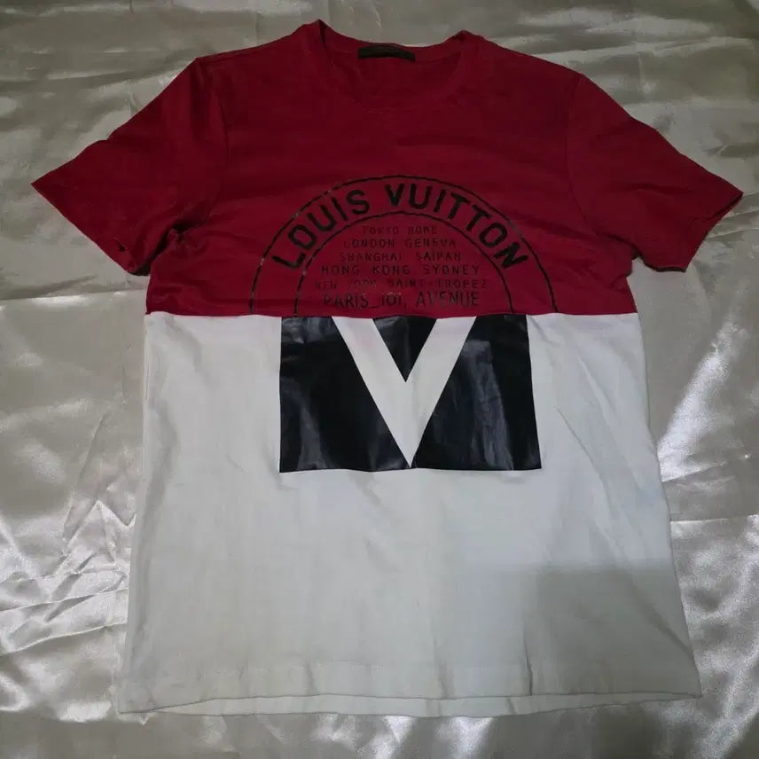 [BUNJANG] Louis Vuitton Red/White Two-Tone Short-Sleeve Shirt / 루이비통 (정품) 레드 / 화이트 투톤 반팔티 셔츠