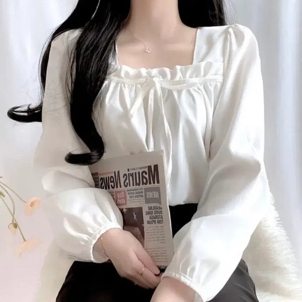 [BUNJANG] Coco Square Neck Ribbon Frill Shirring Blouse / 코코 스퀘어넥 리본 프릴 셔링 블라우스 에이블리