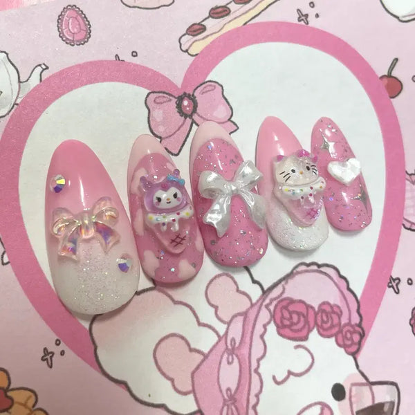 [BUNJANG] Handmade Nail Tips with Hello Kitty & Kuromi - Strawberry Milk Pink / (빠른배송)딸기우유 핑크 헬로키티 쿠로미 수제네일팁 하이틴 공주 아이돌