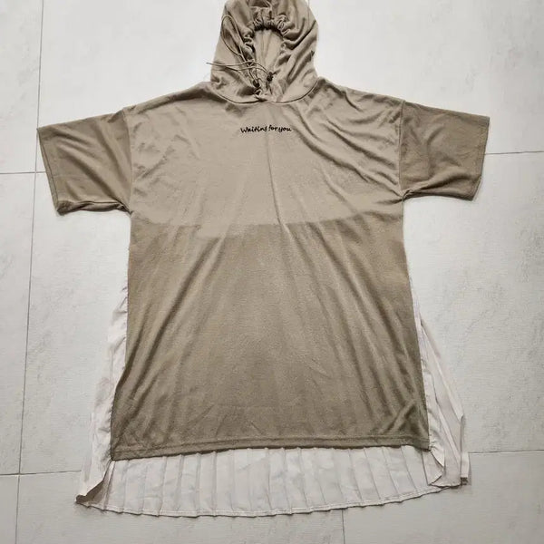 [BUNJANG] Beige Hooded Pleated Long Dress / 후드 티셔츠 베이지색 플리츠 롱 원피스
