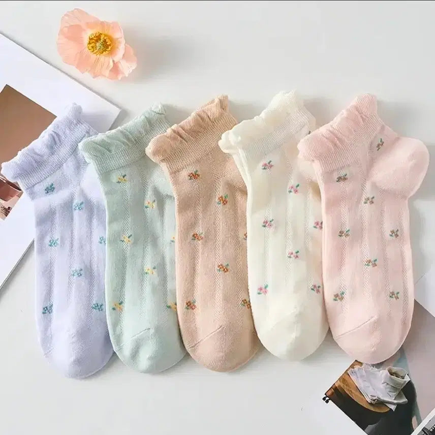 [BUNJANG] Floral Lace Socks Set (5 Pairs) / 꽃무늬 레이스 양말 5종 세트