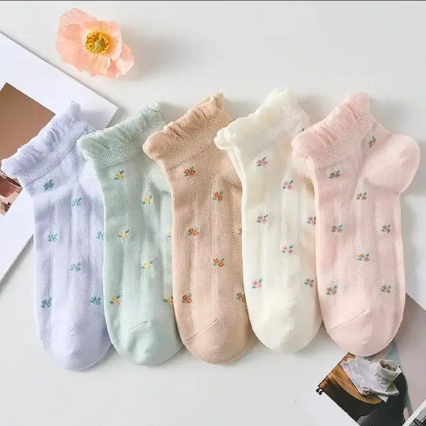 [BUNJANG] Floral Lace Socks Set (5 Pairs) / 꽃무늬 레이스 양말 5종 세트