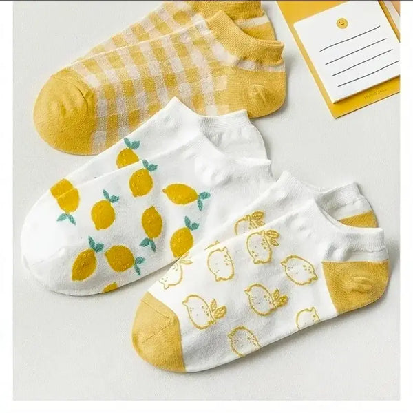 [BUNJANG] Women's Summer Socks 4-Pair Set Lemon Pattern Gingham Check / 여름 양말 4켤레 세트 레몬 패턴 깅엄 체크