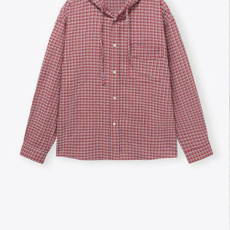 [BUNJANG] HEAI Seersucker SS Season Check Hooded Shirt Red / (품절) HEAI 시어서커 ss시즌 체크 후드 셔츠 레드 (F)