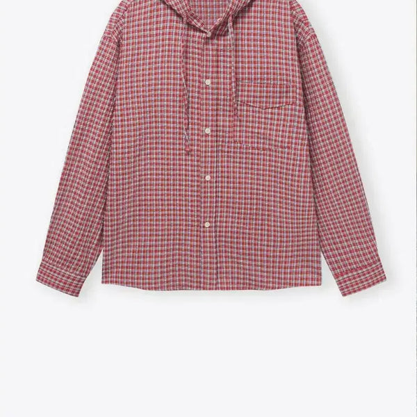 [BUNJANG] HEAI Seersucker SS Season Check Hooded Shirt Red / (품절) HEAI 시어서커 ss시즌 체크 후드 셔츠 레드 (F)
