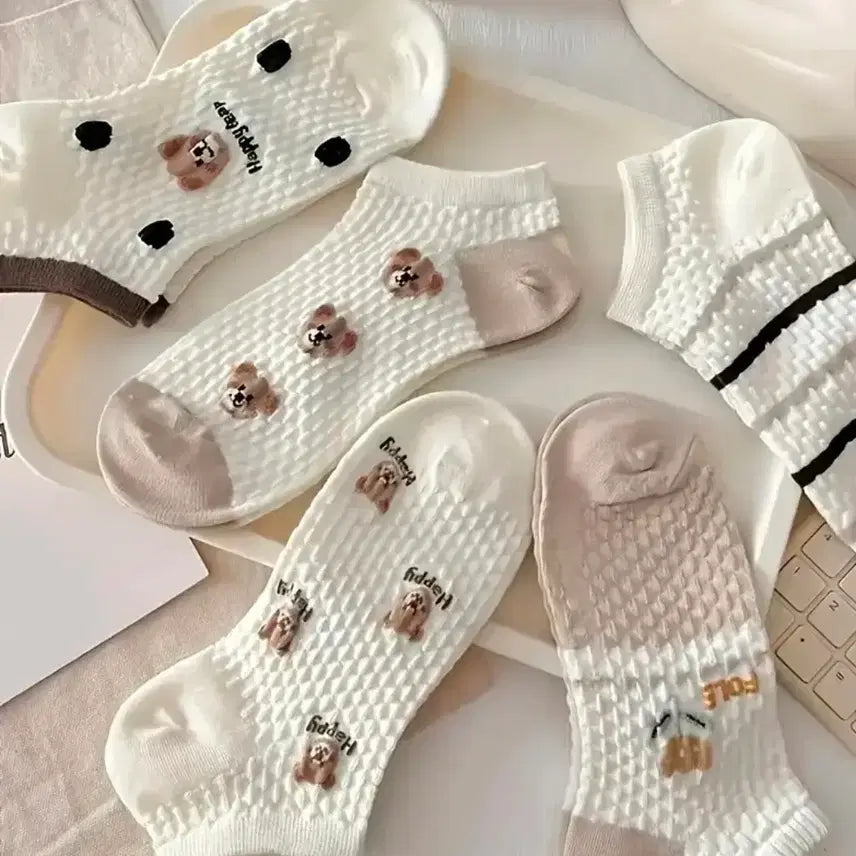 [BUNJANG] Bear Pattern Socks 5-Pair Set / 귀여운 곰돌이 패턴 양말 5켤레 세트