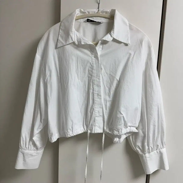 [BUNJANG] White String Cropped Shirt / 화이트 셔츠 스트링 크롭