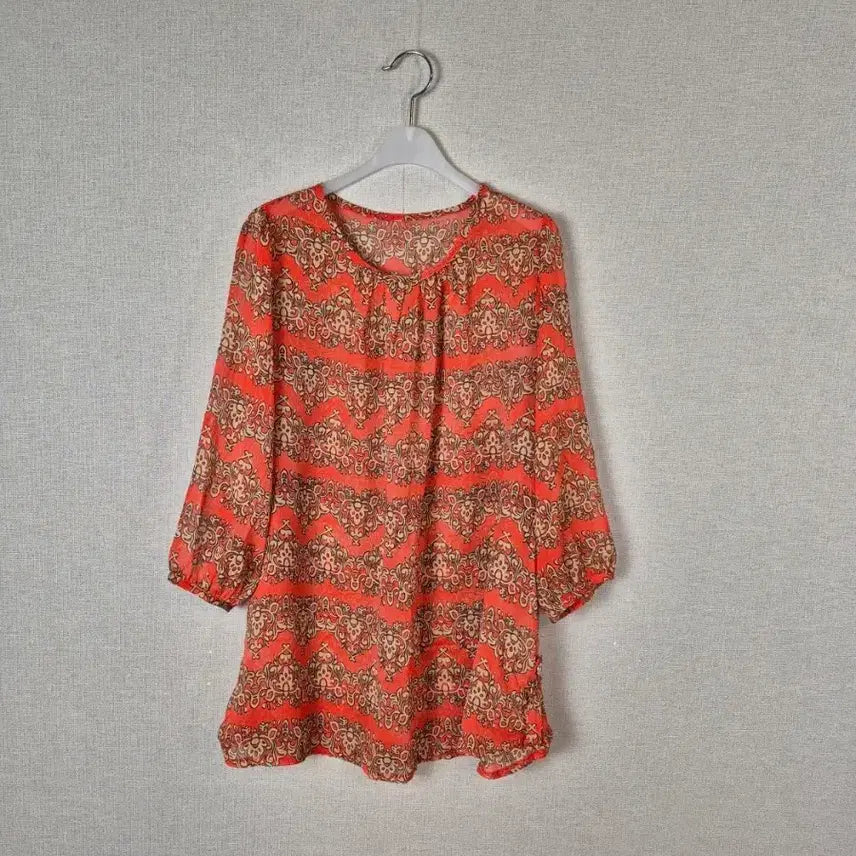 [BUNJANG] Plus Size Orange Paisley Pattern See-Through Blouse / (#77,88추천)빅사이즈 오렌지 페이즐리 패턴 시스루 블라우스