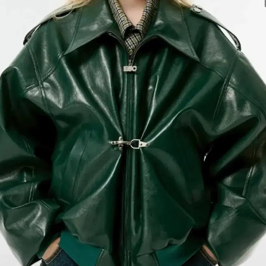 [BUNJANG] ESC Studio Buckle Leather Jacket Green / Esc studio 버클 레더자켓 그린