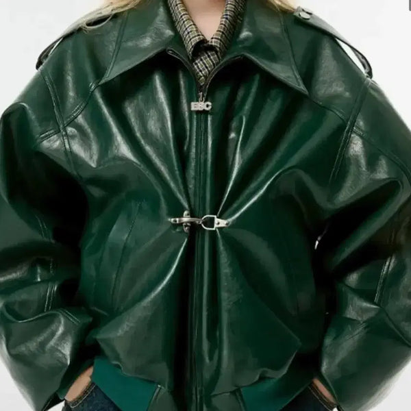[BUNJANG] ESC Studio Buckle Leather Jacket Green / Esc studio 버클 레더자켓 그린