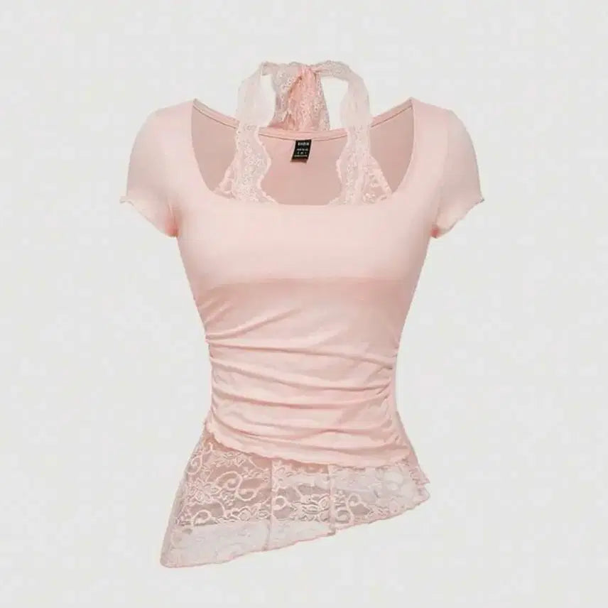 [BUNJANG] SHEIN MOD Pink Lace Knit Top / SHEIN MOD 여성용 핑크 레이스 니트 탑 반팔 반소매 쉬인 에이블리