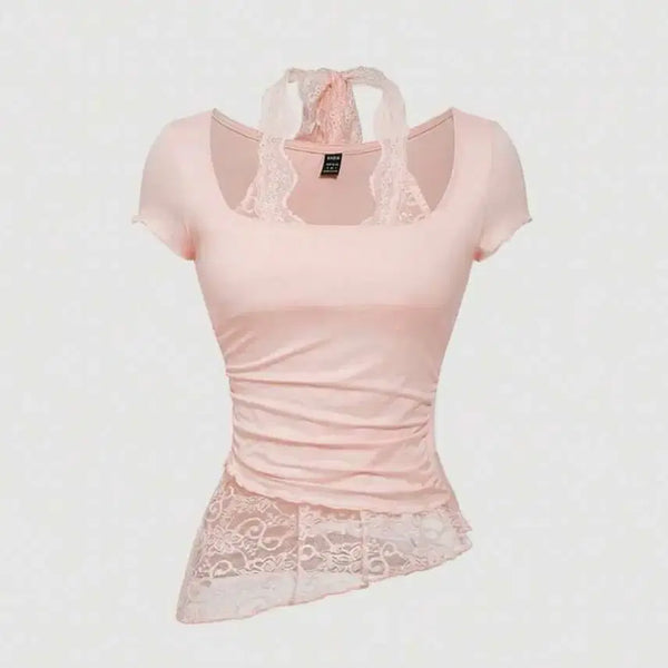 [BUNJANG] SHEIN MOD Pink Lace Knit Top / SHEIN MOD 여성용 핑크 레이스 니트 탑 반팔 반소매 쉬인 에이블리