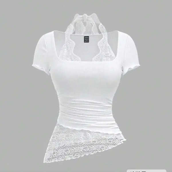[BUNJANG] SHEIN MOD Lace Short Sleeve T-Shirt White / SHEIN MOD 레이스 반팔 티셔츠 화이트 쉬인 알리 에이블리