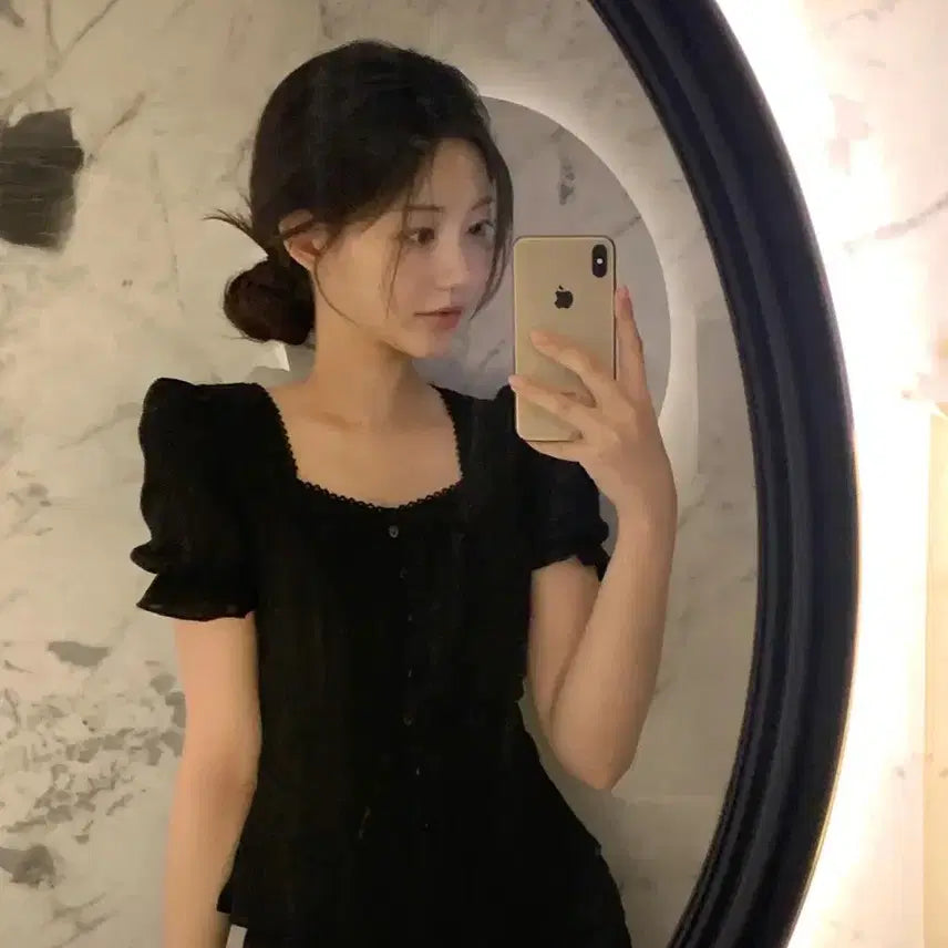 [BUNJANG] Jennieo Pearl Ethnic Blouse Short Sleeve Black / 제니오 펄 에스닉 블라우스 반팔 블랙